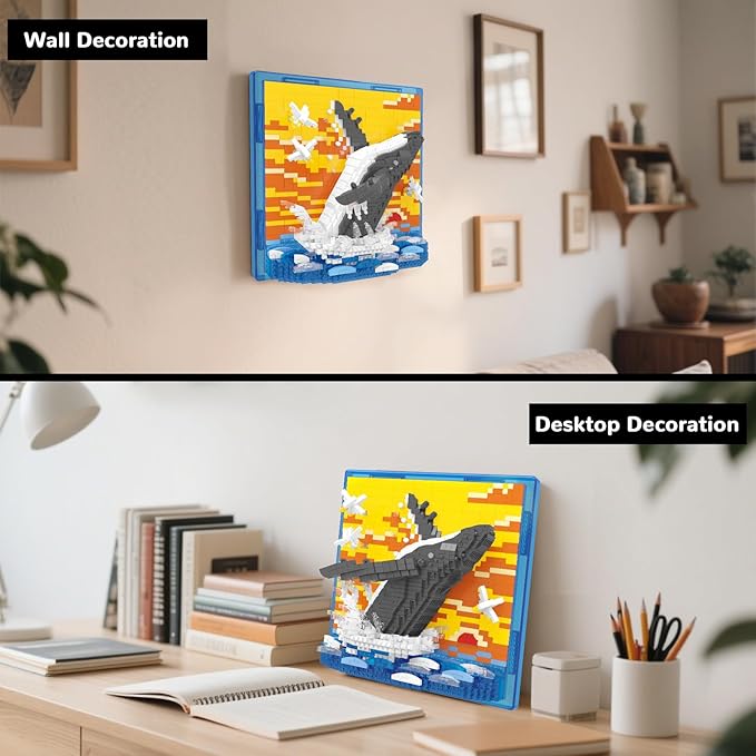 Whale Animal 3D Wall Art Micro Mini Building Blocks Set, Unique Home Wall Decor or Table Display, No Compatible with Lego Set, Ideal Gift Toy for Adults Boys Girls (1495 PCS)