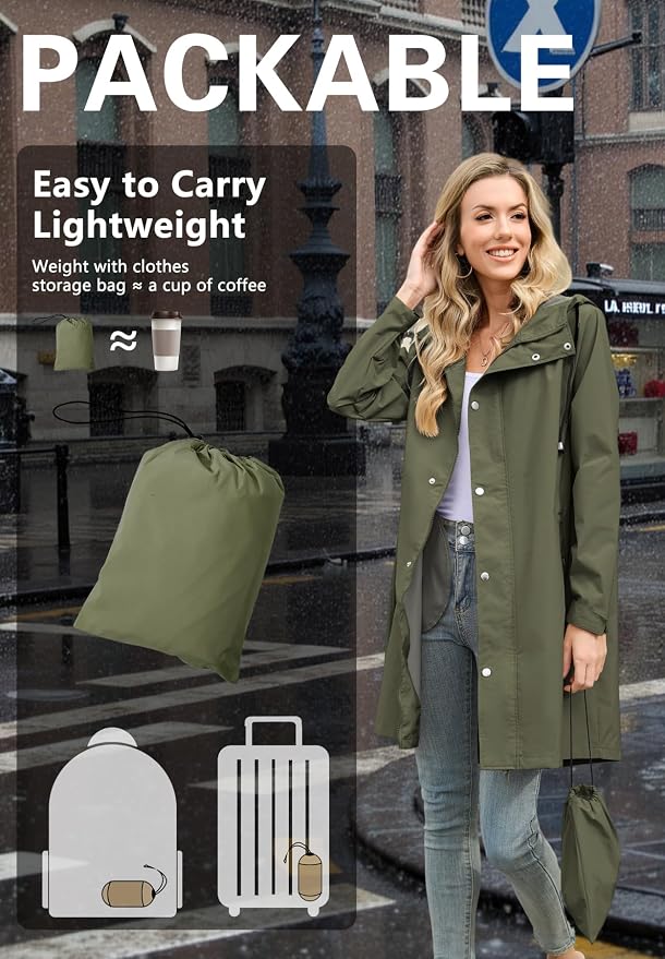 Zando Long Packable Rain Jacket Women Waterproof Raincoat with Hood | Relaxed-Fit Lightweight Windbreaker for Women; Travel Rain Coats for Commute, Hiking, Cruise, and Daily wear