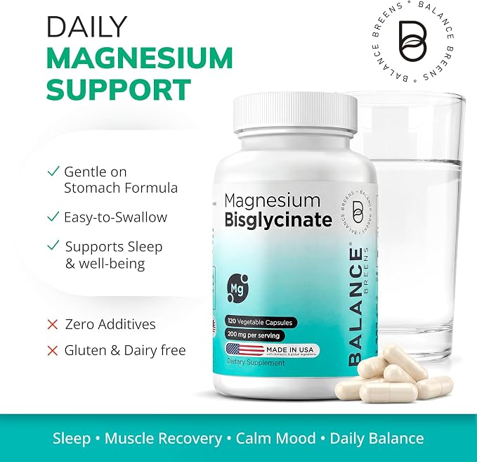 Balancebreens Magnesium Glycinate 200mg - Magnesium Bisglycinate Chelated Supplements for High Absorption - Non GMO and Gluten Free Gentle on Stomach for Restful Sleep and Muscle Support, 120 Count