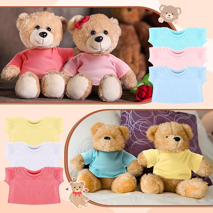Skylety 6 Pcs Bear Clothes Basic Tee Shirt Classic Stuffed T Shirt Plush Crew Neck for Stuffed Bears Doll with 14 - 18 Inch, Bear Not Included(Multicolor)