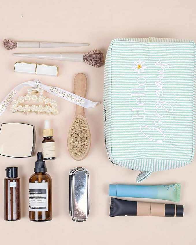 Hello Gorgeous Cosmetic Bag, Cute Daisy Makeup Bag, Compliment Gift for Women Girls Bride & Bridesmaid, Seersucker Stripe Travel Toiletry Pouch w/Zipper, Wedding Organizer Storage (Green)