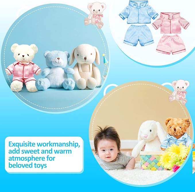 Civaner 2 Pack Blue and Pink Bear Clothes Outfit, Fit Most 12-16 Inch Bears Stuffed Animal Pajamas Plushie Clothes for Stuffed Animals, Pre-Kindergarten Toys(Solid Style)