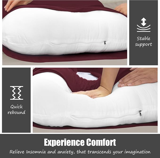 HIPHOP PANDA U-Shaped Pregnancy Pillow for Sleeping - Full Body Maternity Support Pillow with Cooling Removable Cover - Comfort for Back, Hips, Legs, Belly - 57 Inch for Pregnant Women, Burgundy