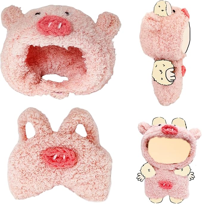 17cm (6.7 Inch) Doll Clothes – Soft Plush Animal Jumpsuit for Mini Keychain Dolls, Pig Costume Outfit, Pink Fuzzy Collectible Display Gift (Doll Not Included)(Pink Piggy)