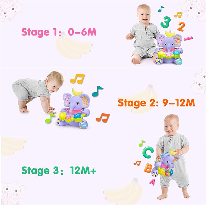 Baby Bilingual Musical Elephant Stuffed Animals Toys,Infant Early Learning Toy with Light-Up Music & Crinkle,Tummy Time Toys for 0 3 6 9 12+ Months for Baby Boy Girl Gift,Purple