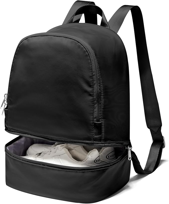 Small Gym Backpack for Women, Office-to-Gym Casual Daypack with Shoe Compartment, Lightweight Water Resistant Small-Size Bag, Clean Fit Style Work Backpack for Daily Use, Black