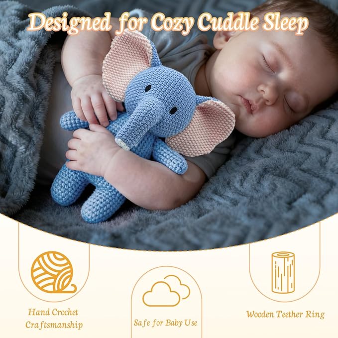 10" Crochet Elephant Stuffed Animal with Rattle, Pure Cotton Soft Crochet Doll Plush Toy for Newborn, Handmade First Birthday Gift