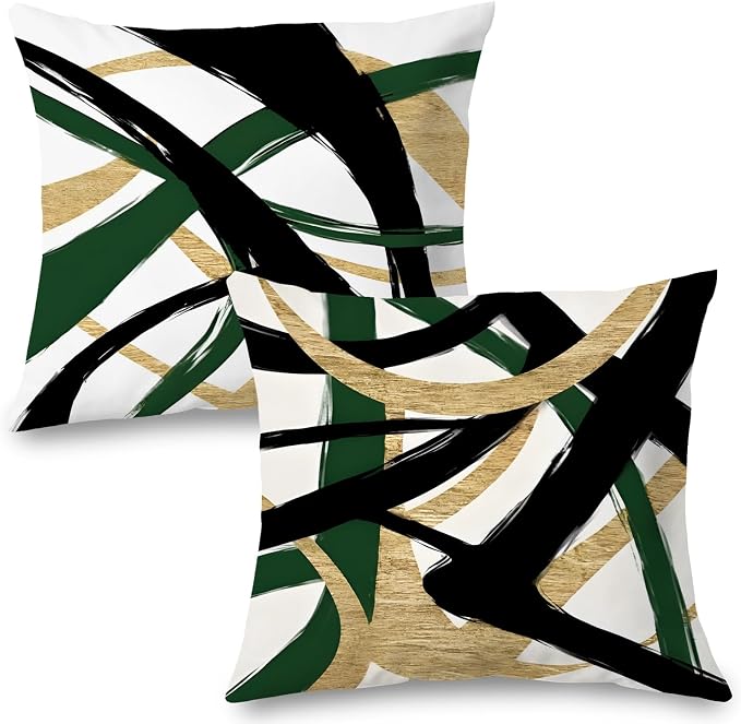 Black Gold and Green Pillow Covers, Abstract Black and Gold Pillow Covers 20x20 Set of 2, Modern Boho Decorative Throw Pillows Cover for Couch Bed Living Room