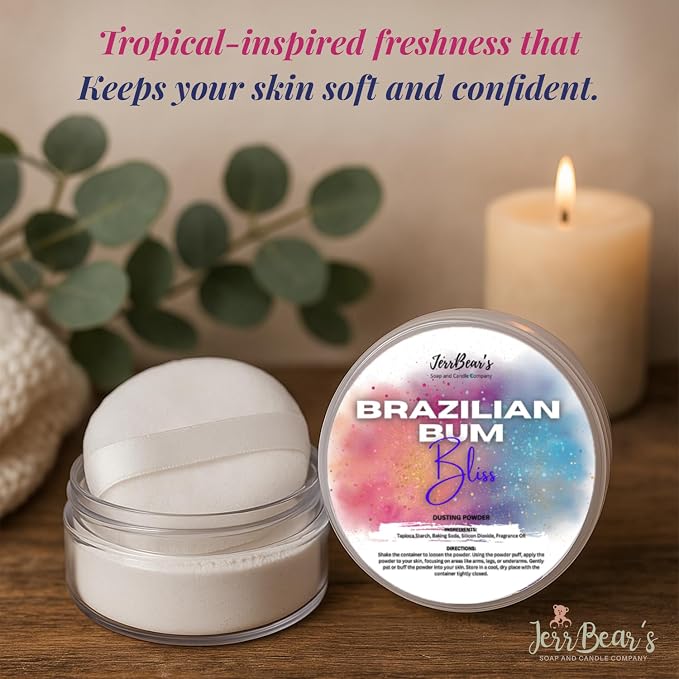 Brazilian Bum Bliss Dusting Powder, Talc Free Body Formula for Women, Soft Scented Skin Care, Gentle Powder for Daily Freshness, (4oz Jar) | Talc Free Body Formula, Soft Scented Skin Care, Gentle Powder for Daily Freshness, Includes Puff Application