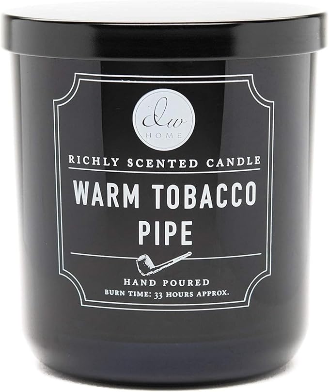 DW Home Warm Tobacco Pipe Scented Candles, 9 oz Single Wick Medium Jar, Up to 33 Hour Burn Time, Strong Long Lasting Woodsy Fragrance, Gifts for Men & Women