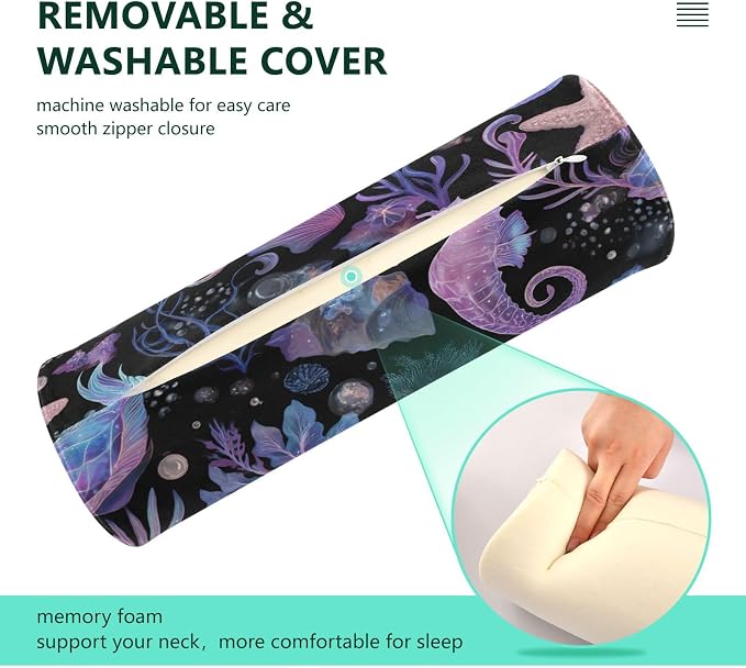 Seahorses Starfish Shells Purple Neck Roll Pillow Bolster Round Health Memory Foam Long Cervical Cylinder Pillows with Removable Washable Cover for Body Bed Legs Back Yoga