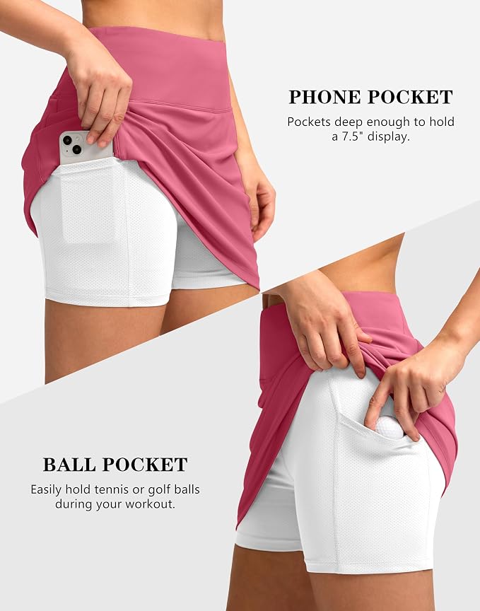 Women's Golf Skirts Skort 4 Side Pockets High Waisted Stretchy Tennis Skirt | Silky Soft, Lightweight, Breathable, Built-in Mesh Shorts, High Waisted, Elastic waistband, Moisture-Wicking, Athletic