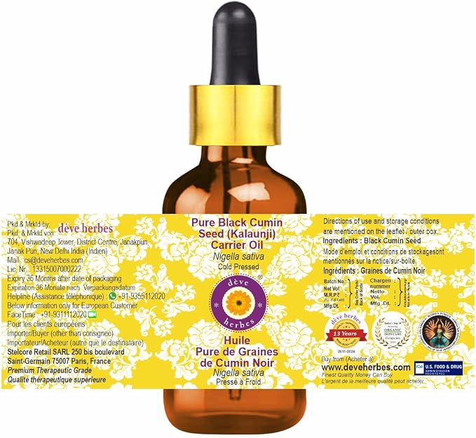 Deve Herbes Black Cumin Seed (Kalaunji) Oil (Nigella sativa) with Glass Dropper | Cold Pressed | Pure | For Diluting Essential oils | Hair, Skin & Massage | Lightweight | Unisex | 30ml (1 oz)