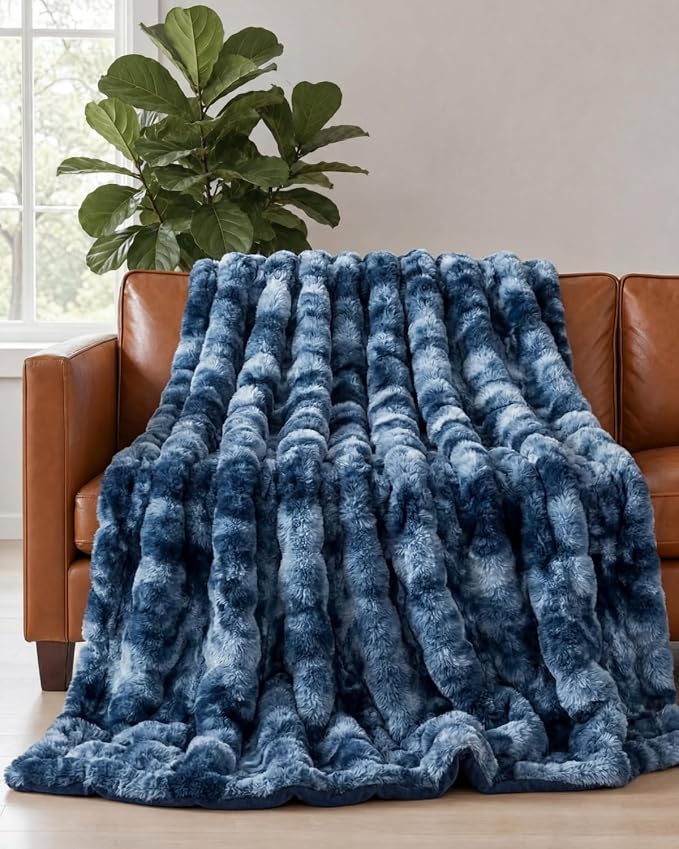 3D Fleece Bubble Blanket Twin - Rabbit Blanket - 60" x 80", Marble Blue | Soft Fluffy Faux Fur Blanket for Couch Sofa & Chair, Cozy Gifts for Women, Tie Dye Cloud Throw Bed Cover, Thick Plush Bedding