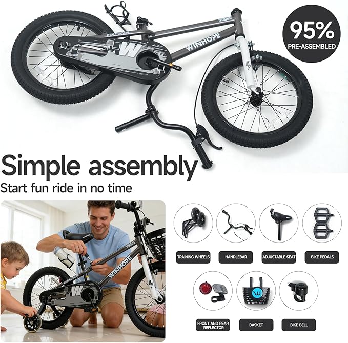 WinHope Kids Bike, 12-18 Inch Toddler Bicycle with Removable Training Wheels and Dual Brakes, Children Bike for Beginner with Adjustable Seat and Headlebar for 2-9 Years Boys Girls, Multiple Colors