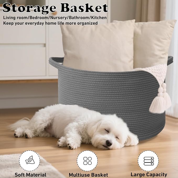115L Extra Large Blanket Basket,Woven Rope Laundry Basket-Dark Grey | Collapsible, reinforced handles, nursery storage bin organizes clothes, toys and pillows for living room, bedroom bathroom.