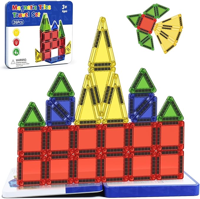Travel Mini Magnetic Tiles 26 PCS, STEM Magnetic Building Toys for Kids Ages 4-8 with Iron Case, Blocks Building Preschool Learning Sensory Montessori Toys for 3+ Year Old Boys and Girls