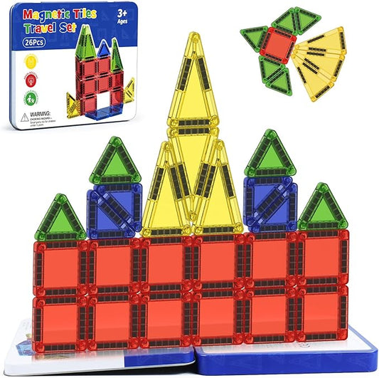Travel Mini Magnetic Tiles 26 PCS, STEM Magnetic Building Toys for Kids Ages 4-8 with Iron Case, Blocks Building Preschool Learning Sensory Montessori Toys for 3+ Year Old Boys and Girls