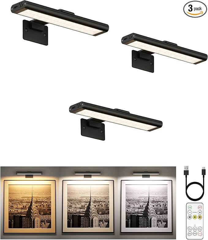 EZVALO Picture Light for Wall, Rechargeable 2400mAh Lights Wireless with IR Remote, 3 Color & Dimmable Magnetic 7.8'' LED Lights Display for Painting, Living Room, Gallery, Bedroom(Black-3P)