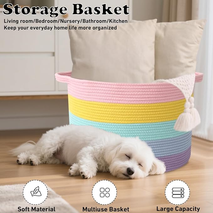65L Large Blanket Basket,Woven Rope Laundry Basket-Colorful | Collapsible, reinforced handles, nursery storage bin organizes clothes, toys and pillows for living room, bedroom bathroom