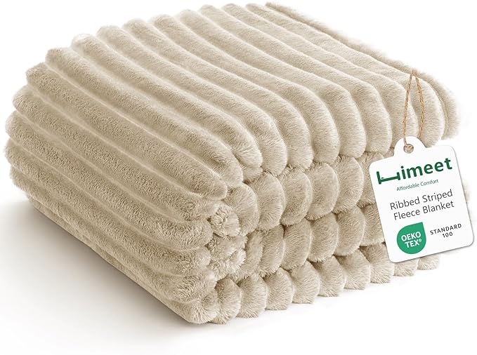 HIMEET Linen Queen Size Blanket for Bed, 300GSM Ribbed Fleece, 90 x 90 in | Ultra Soft Flannel, All-Season Lightweight Warmth, Cozy Bed Coverage & Bedroom Decor, Gift for Men & Women, Machine Washable