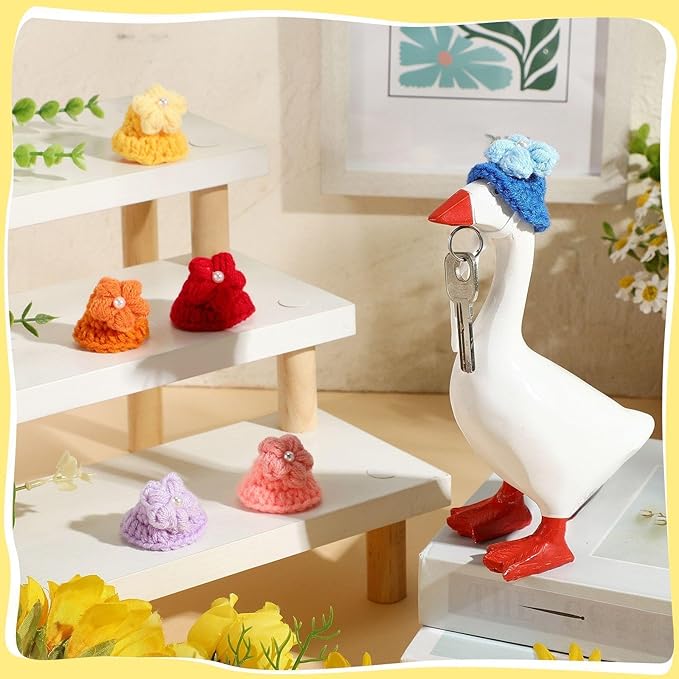 Geyoga 6 Pcs Mini Knitted Hats 7 Inch Goose Outfits Hat with Adjustable Strap Mini Porch Goose Headwear for Statue Key Holder