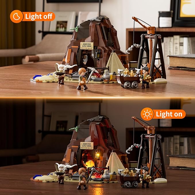 FUNWHOLE Wild West Gold Mine Lighting Building-Bricks Set - Western Prospector’s Dig Entrance 658 Pcs Mining Playset for Adults and West Lovers
