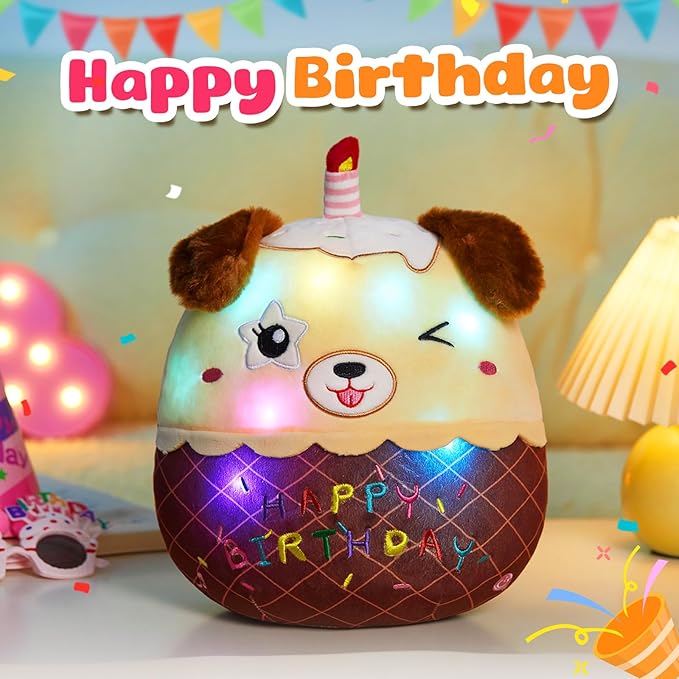 Light Up Music Dog Birthday Cake Plush Puppy Stuffed Animals Original Wink Dog Plushie with Colorful LED Lights Glowing Singing Happy Birthday Gift for Girl Boy 14"