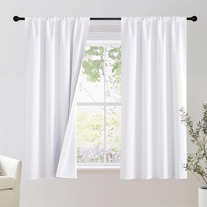 NICETOWN Bedroom 100% Blackout Curtains, 2 Panels, 42 by 48, Snow White, Window Treatment Rod Pocket Curtains/Drapes for Bedroom