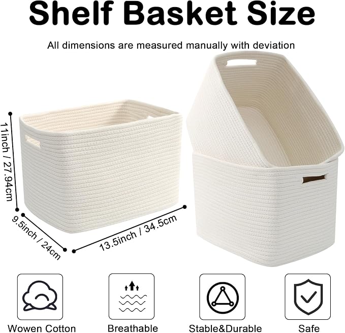 3 Pack Woven Baskets,Storage Baskets for Shelves with Handles | 13.5"×11"×9.5",Closet Baskets,Gift Basket,Nursery Organizer for Toys Towels Books,Storage Bin for Living Room Bedroom-White