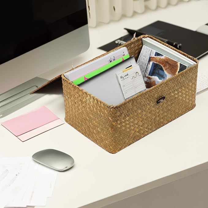 Seagrass Wicker Storage Basket with Lid, Large, Natural | Large Storage Box, Shelf Organizer, Rectangular Woven Bin, Multipurpose Home Storage, Natural Decor, 13 x 8.66 x 6.1