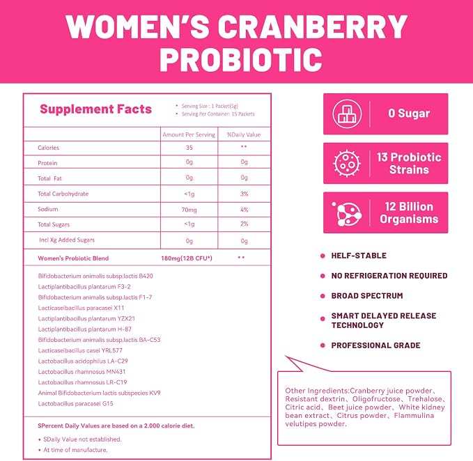 Women Probiotic Powder -13 Strains, 12 Billion CFUs - Probiotics for Women Vaginal Health, pH Balance, Gut Metabolism and Immune Support, Cranberry Flavor, Sugar Free, 15 Packs