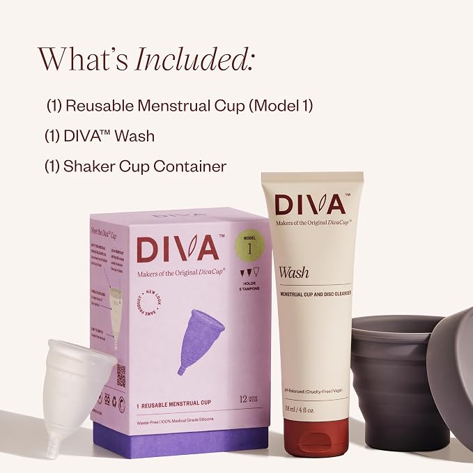DIVA Cup, Wash & Shaker Combo Pack - Medical Grade Silicone - for Period Care - with Wash - Shaker for On-The-Go Cleansing - Cup Model 1 (for Medium to Heavy Flow)