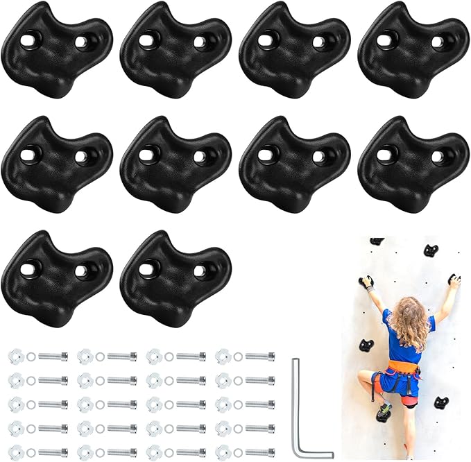 10PCS Black Rock Climbing Holds, Rock Climbing Wall for Kids, Extra Large Size Climbing Rock Wall Grips with Mounting Hardware and Wrench for Indoor Outdoor Playground, Installed on Wooden Board