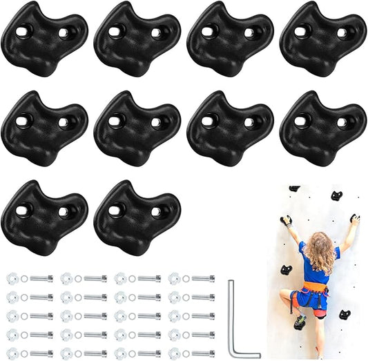10PCS Black Rock Climbing Holds, Rock Climbing Wall for Kids, Extra Large Size Climbing Rock Wall Grips with Mounting Hardware and Wrench for Indoor Outdoor Playground, Installed on Wooden Board