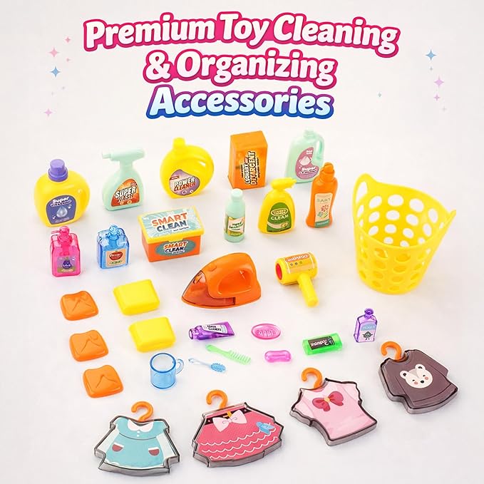 Doll Mini Bathroom Laundry Playset for Kids, House Furniture Pretend Play Toy Accessories Set with Realistic Lights & Sounds for Toddlers, Girls (4-in-1 Bathroom Set)