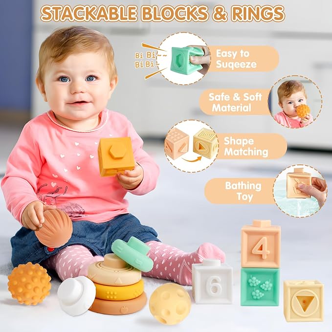 Baby Toys 6-12 Months Montessori Toys 6 in 1 Musical Instruments for Toddler, Stacking Blocks Development Learning Educational Toy with Wooden Xylophone Infant Baby Birthday Gift