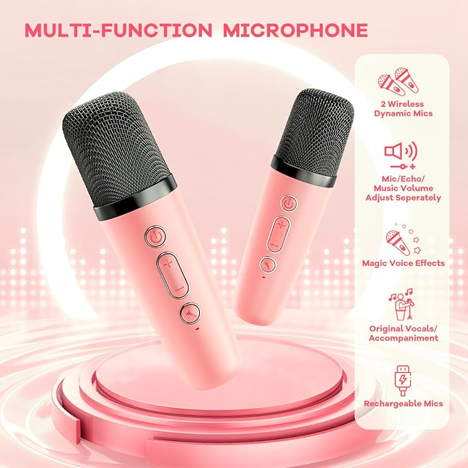 Karaoke Machine for Kids Adults, Bluetooth Mini Speaker with 2 Wireless Microphones, 2026 TOP Birthday Gifts Toys for Girls Ages 3, 4, 5, 6, 7, 8, 9, 10, 12+ Years Old Toddler Family (Lightpink)