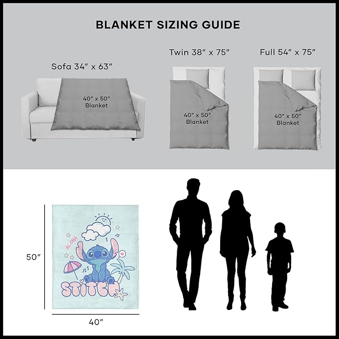 Lilo & Stitch Cloud Cutie Throw Blanket, Disney Silk Touch Fleece, Lightweight Cozy Blanket for Couch, Travel or Bedroom Decor, 40 x 50 Inch