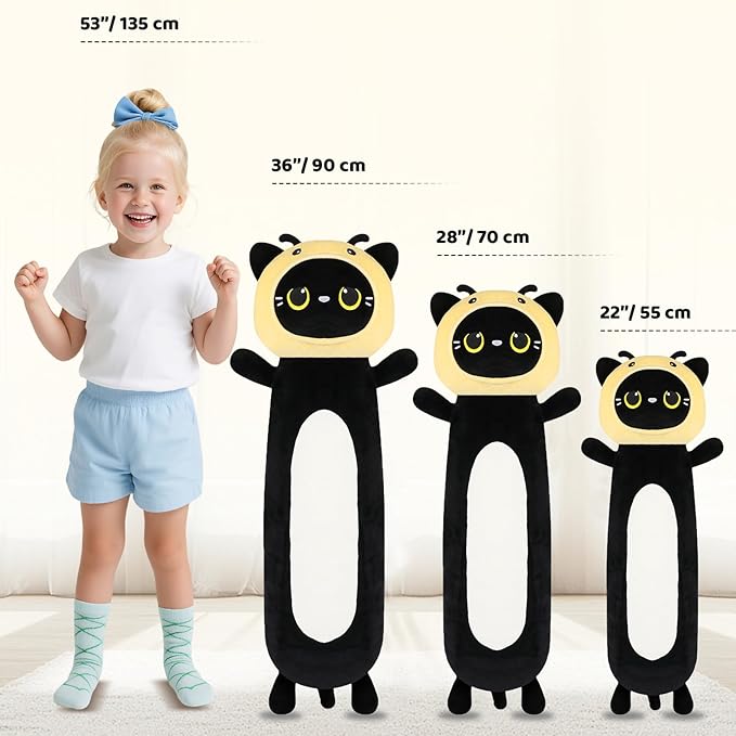 22 inch Bee Black Cat Long Plush Body Pillow Toy, Kitten Plushies with Stuffy Honeybee Oufit Big Stuffed Animals Gfit for Kids Boys Girls, Birthday