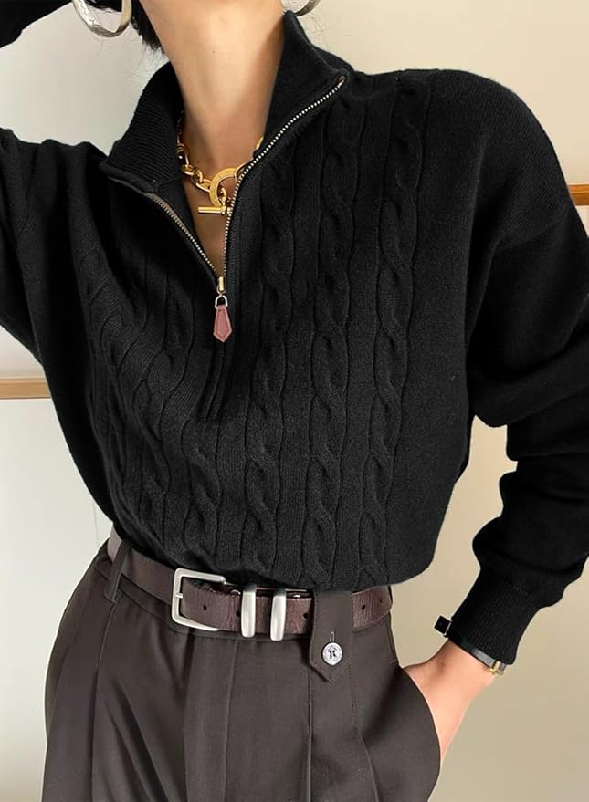 Dokotoo Women's Sweaters 2026 Fall Winter Quarter Zip Ribbed Cable Knit | Long Sleeve,Polo Neck,Lightweight Knit Pullover,Soft Comfy Tops,Casual Trendy Outfits,Fashion Clothing