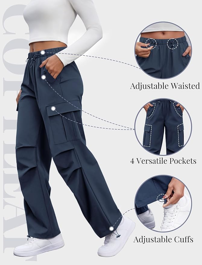 COPYLEAF Cargo Pants Women Elastic Waisted Parachute Hiking Pants with Pockets Water-Resistant Lightweight Baggy Pants