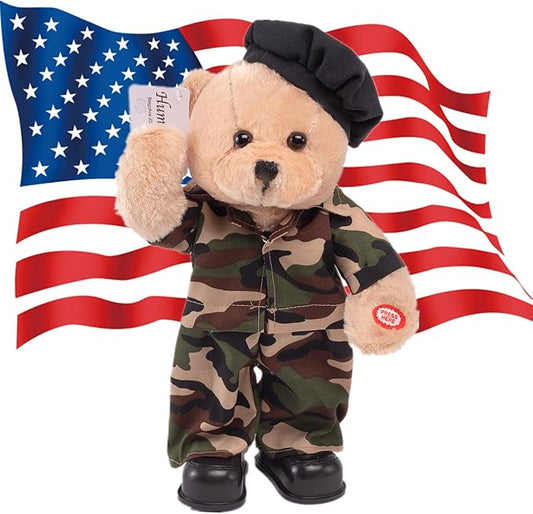 Children's Idol Military Hero Teddy Bear Stuffed Animals Singing Dancing Teddy Bear Stuffed Animal, US Army Theme Music Plush Toys,Independence Day Birthday Gifts for Kids .14"(Camouflage Army)