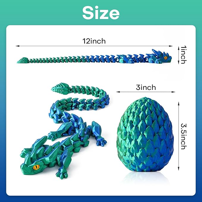 FYEFKJSA 3D Printed Dragon Eggs with Dragon Inside - 12Inch,Articulated Fidget 3D Printed Animals, Interesting Decorative Gift, Easter Basket Essentials Stuffers (Laser Green)