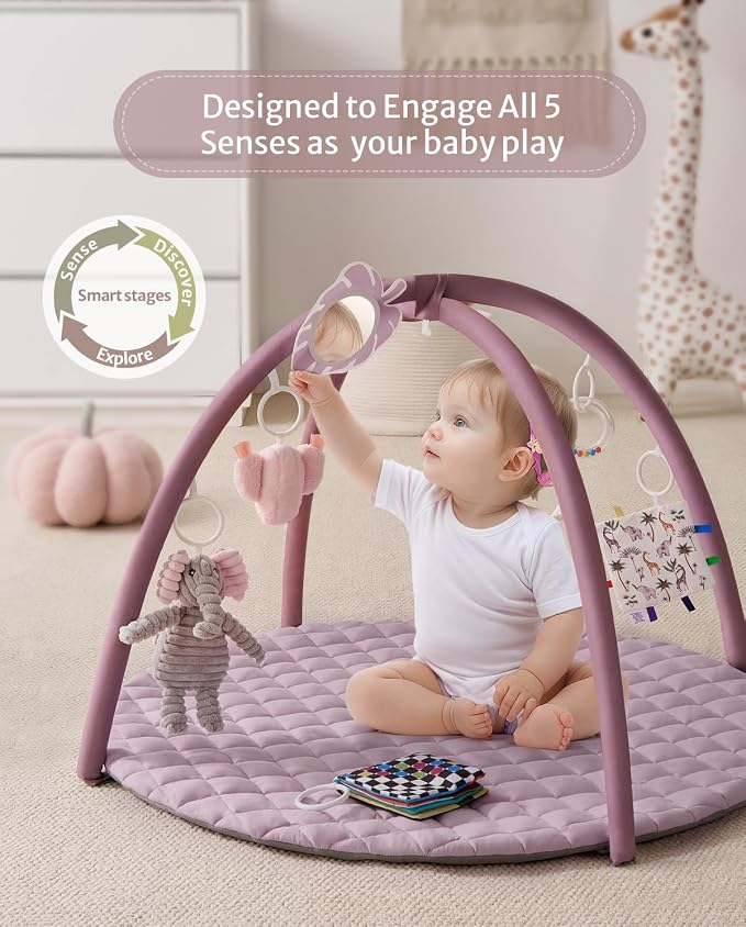 Blissful Diary Baby Play Gym Mat, Tummy Time Activity Mat with 6 Detachable Toys for Stage-Based Sensory & Motor Skill Development, Easy to Install & Clean, Baby Essentials Gift, Lavender Pink