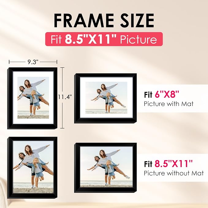 8.5x11 Picture Frame, Black Photo Frame with HD Plexiglass, Display Pictures 6x8 with Mat or 8.5x11 Without Mat, Picture Frames Collage for Tabletop or Wall Display, 2 Pack