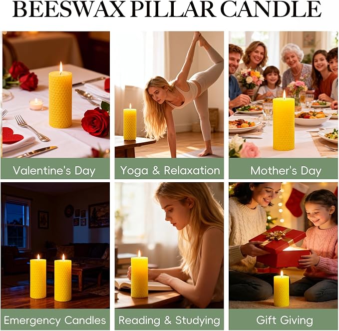 8 Pack Beeswax Pillar Candles, 160 Hours Honeycomb Pure Natural Beeswax Candles for Emergency, Unscented Organic Bees Wax Candle for Home,Prayer,Dripless Smokeless 2x5in