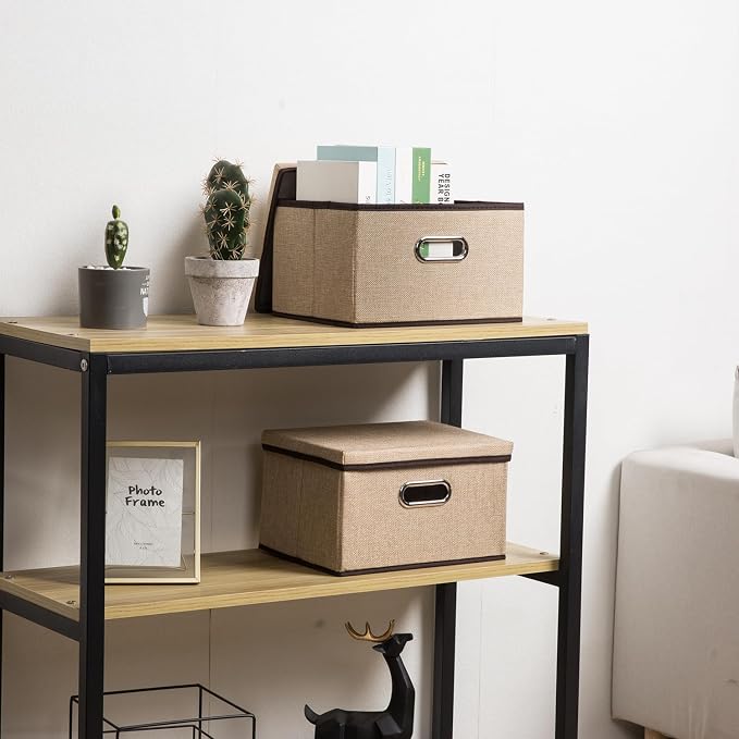 Storage Bins with Lids [3-Pack] Jute Fabric Foldable Storage Boxes Organizer Containers Baskets Cube with Cover for Home Bedroom Closet Office Nursery khaki（11.4X8.6X6.7