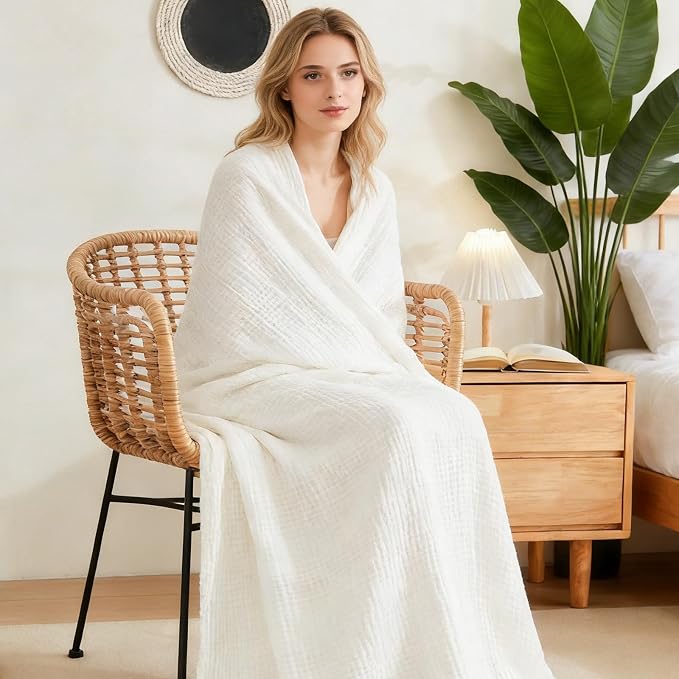 EMME Muslin Blankets for Adults Throw Blanket for Couch Breathable Gauze Soft Lightweight Airy White Twin 60" x 80"