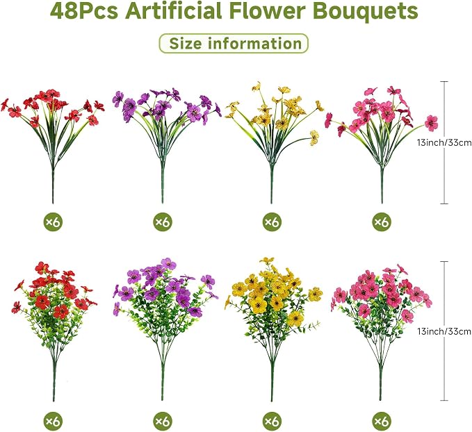 Alupssuc 48 Bundles Artificial Daisy Flowers UV Resistant for Outdoor Decor | Silk & Plastic, Spring Faux Plants Greenery, Bendable Stems, for Porch Patio Hanging Window Planter Yard Outside, 4 Colors